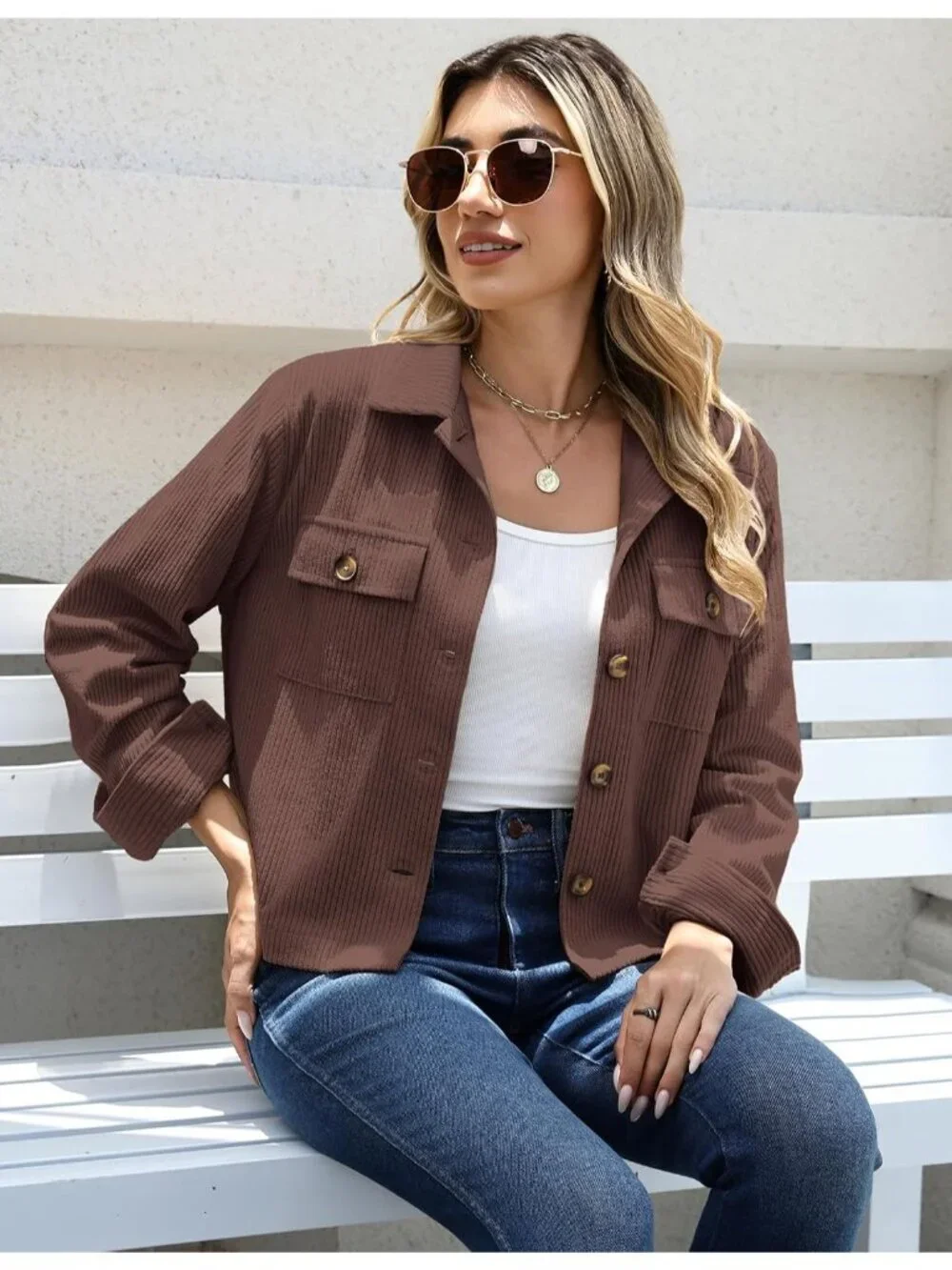 Women's Brown Fashion Cropped Corduroy Button Down Long Sleeve Trendy Jacket